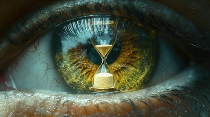 Close-Up of an Eye with Surreal Hourglass Reflection Symbolizing Time and Vision