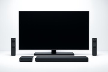 Fototapeta premium Contemporary home entertainment system with flat screen TV soundbar and media devices black remote controls on white background Background