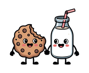 Cute cartoon cookie and milk bottle holding hands