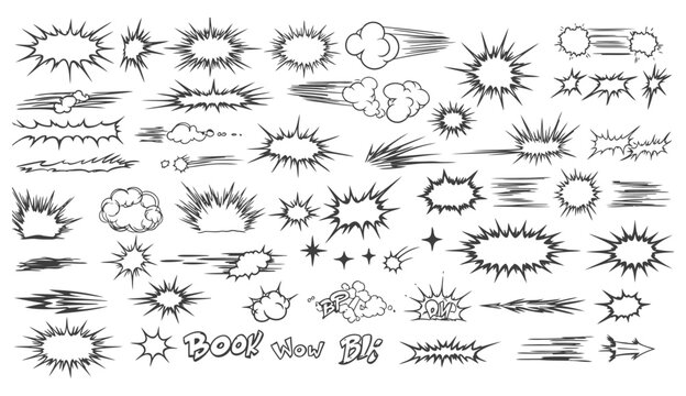 Comic book elements collection various speech bubbles and explosion effects with retro design and modern appearance for graphic design projects