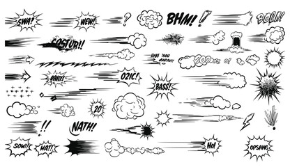 Comic book sound effects and speed lines collection in a bold black and white style suitable for illustration or design