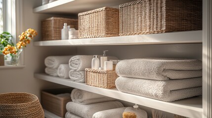 Sunlit Bathroom Linen Closet Organization