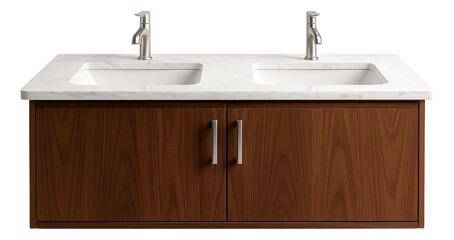 Double-sink vanity unit with a marble countertop and twin cabinets, designed for a spacious master bathroom in a suburban home.