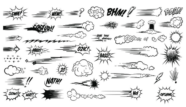 Comic book sound effects and speed lines collection in a bold black and white style suitable for illustration or design