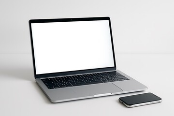 Fototapeta premium laptop and smartphone with blank screen on clean white desk modern workspace for technology business and work Background