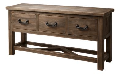 A rustic farmhouse-style sideboard made of reclaimed wood, used for extra storage in a country kitchen.