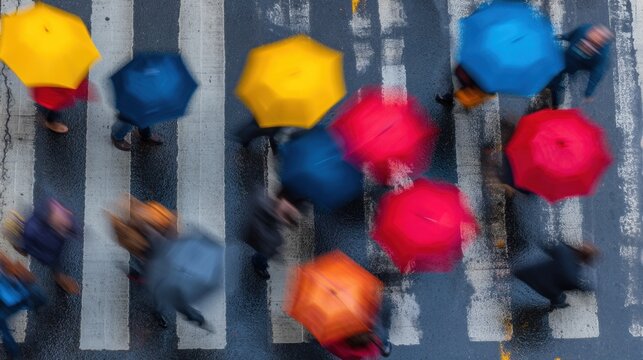 Vibrant umbrellas in motion on a rainy city crosswalk