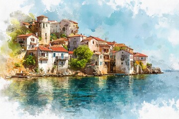 Beautiful watercolor painting of a seaside city or small village. Generative AI. High quality