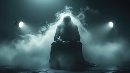 Obraz premium A solitary figure shrouded in mist illuminated by spotlights person sitting