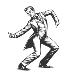 Fototapeta premium gentleman in a tuxedo striking a flamboyant dance pose with exaggerated flair sketch engraving generative ai fictional character vector illustration. Scratch board imitation. Black and white image.