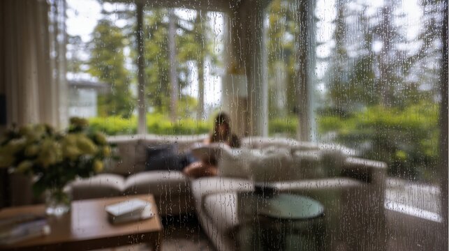 Cozy indoors on a rainy day with blurred woman reading by window