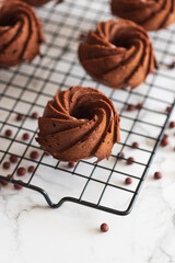 Mini chocolate bundt cakes on a cooling rack. Top view