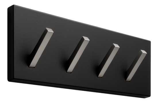 Minimalist hook panel for a modern loft, constructed from powder-coated metal with sleek, angular hooks.