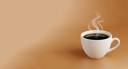 Obraz premium Steaming Black Coffee in White Ceramic Mug on Brown Surface