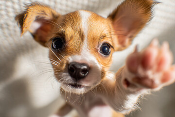 Cute puppy reaching out in a cozy setting with soft lighting to express affection and curiosity during daytime