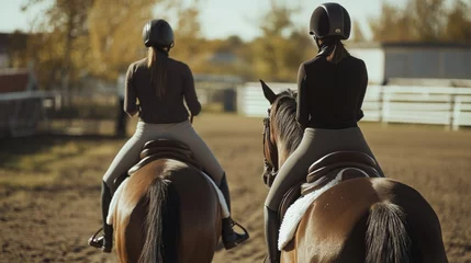 Fototapete Equestrians riding horses in riding school paddock, wearing safety gear and practicing equestrian skills © Lely_a