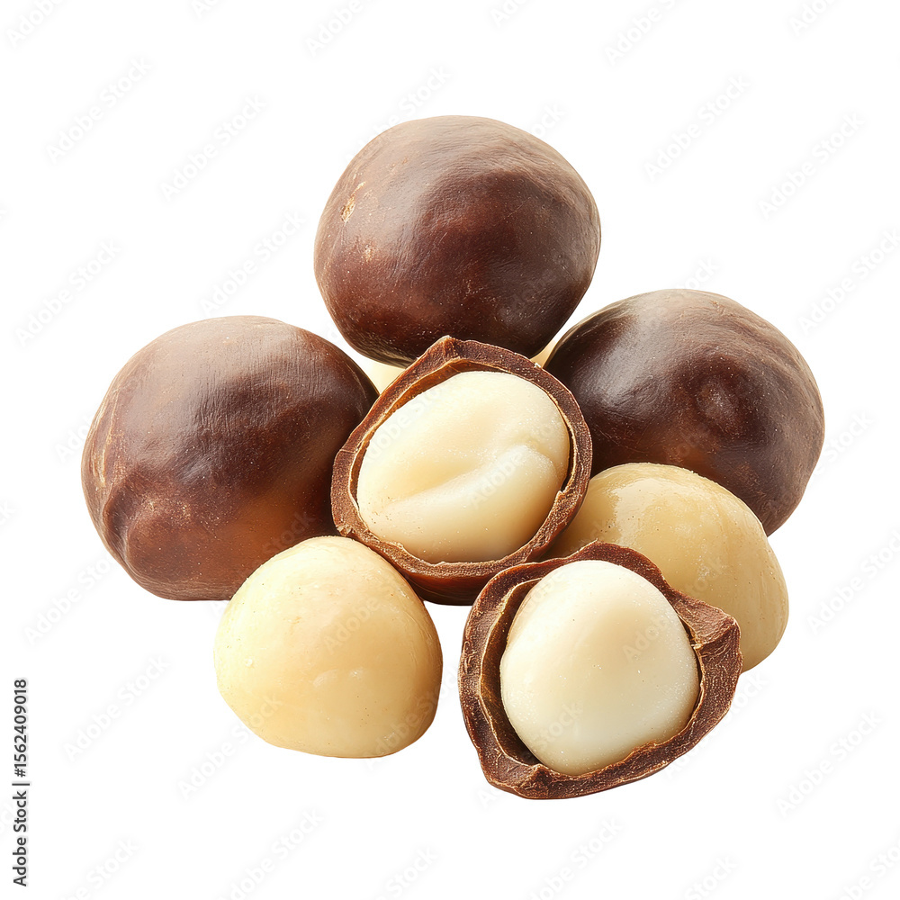 Poster macadamia nuts displayed on a transparent background showcasing their unique textures and colors, ma