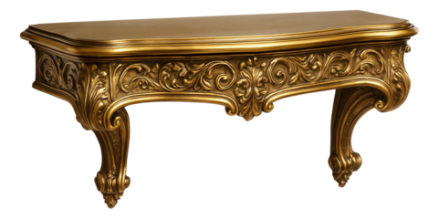 A vintage-style brass shelf with ornate detailing for an elegant powder room.