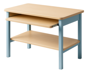 A compact computer desk with a pull-out keyboard tray, suitable for a children's study area in a family home.