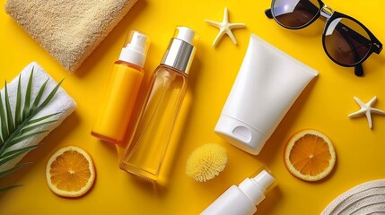 Essential items for sun protection  promoting uv safety awareness on a clean background