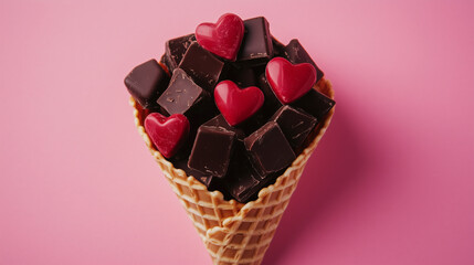 A waffle cone full of heart shaped chocolates