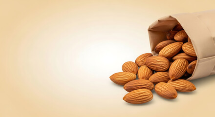 Raw Almonds Spilled from Paper Bag on Warm Beige Background