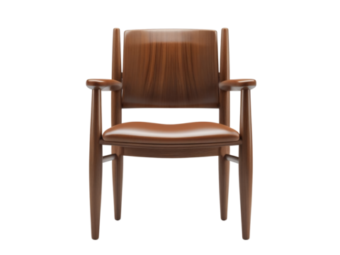 A wooden armchair with a curved seat rounded armrests and a straight back is centered on a black background