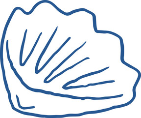 Blue whimsical drawing of beach seashell. Line art summer sea shell coastal illustration