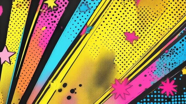 Vibrant Graphic Illustration: Dynamic design, bursts with color and energy, stars, dots and lines, an expressive visual, perfect for artistic design and modern creativity.