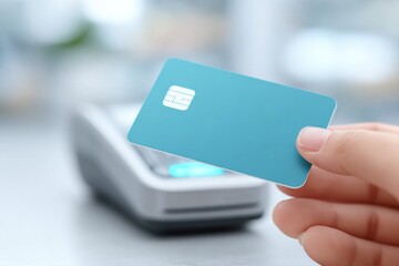 banking app interface floating above card terminal with digital glow