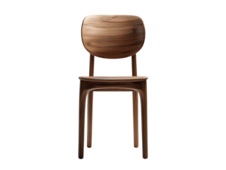 A wooden chair with a rounded backrest stands centered against a stark black backdrop spotlighting its smooth surface