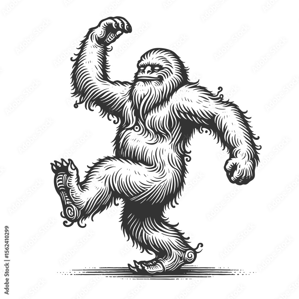 Poster dancing yeti sketch engraving generative ai fictional character vector illustration. scratch board i