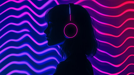 Girl with headphones against wavy colorful background