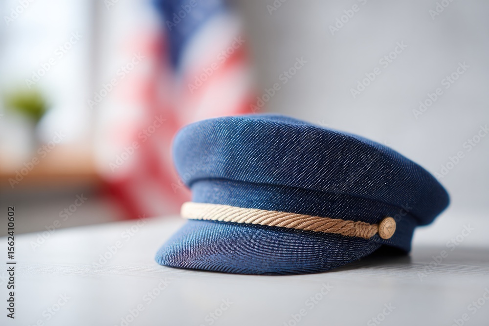 Poster pilot hat resting on clean table with flag in background