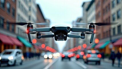 Obraz premium Drone delivering package on busy urban street