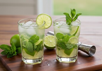 Two refreshing mojito cocktails with lime and mint on a wooden board