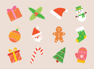Festive Flat Christmas Elements Set with Holiday Icons and Decorations
