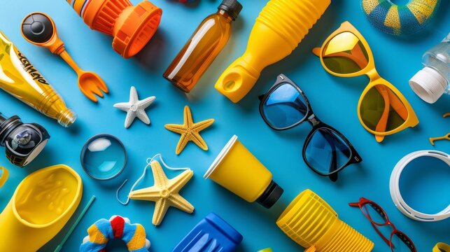 Essential items for sun protection  promoting uv safety awareness on a clean background