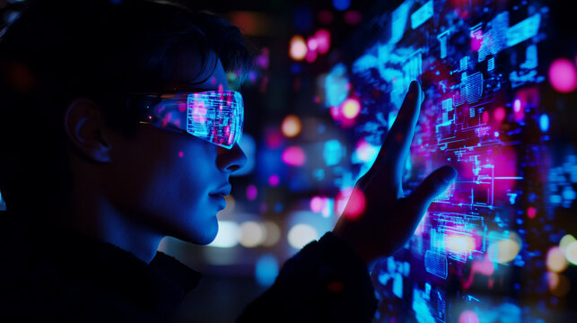 Portrait of an young man is using the futuristic latest innovation - Powered by Adobe