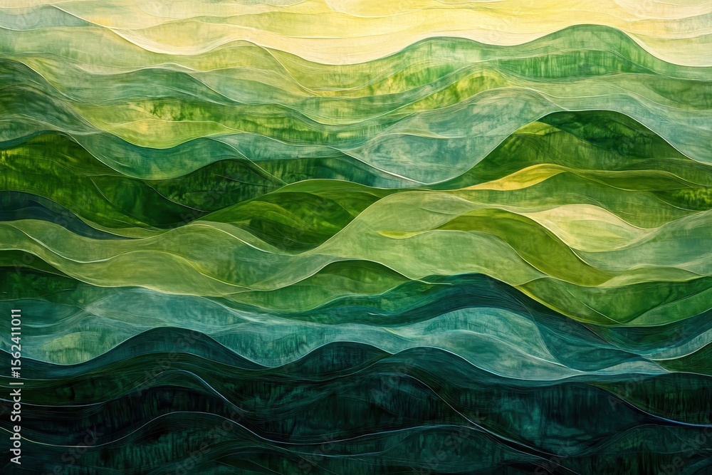 Poster Layers of vibrant green waves creating a serene backdrop under soft sunlight, waving layers moving over vibrant green background