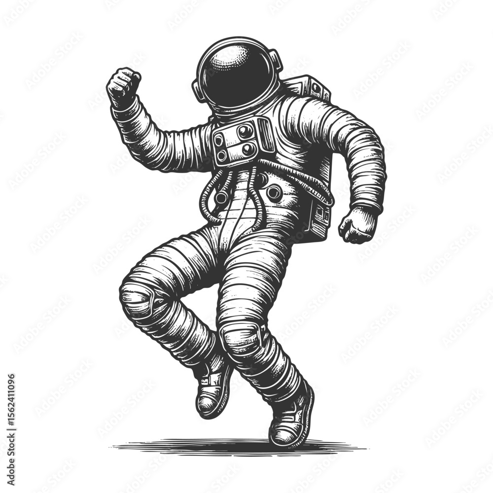 Poster joyful astronaut dancing in space among stars sketch engraving generative ai fictional character vec