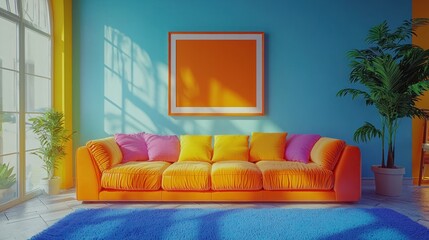 Sunny living room, orange couch, vibrant decor, mock-up poster