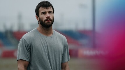 Focused Athlete in Gray T-Shirt Posing Outdoors on a Rainy Day