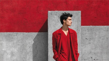 Modern Fashion: Stylish Young Man in Red Outfit Against Textured Red and Gray Wall