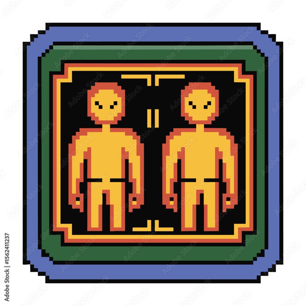 Poster retro pixel art of two identical figures standing side by side within a colorful frame