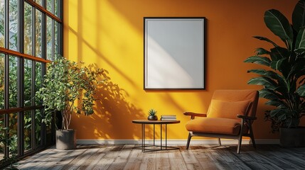 Sunny room, armchair, plants, mockup poster, window