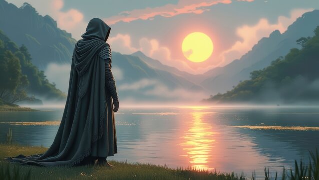 Hooded figure by misty lake at sunrise fantasy cloak - Powered by Adobe