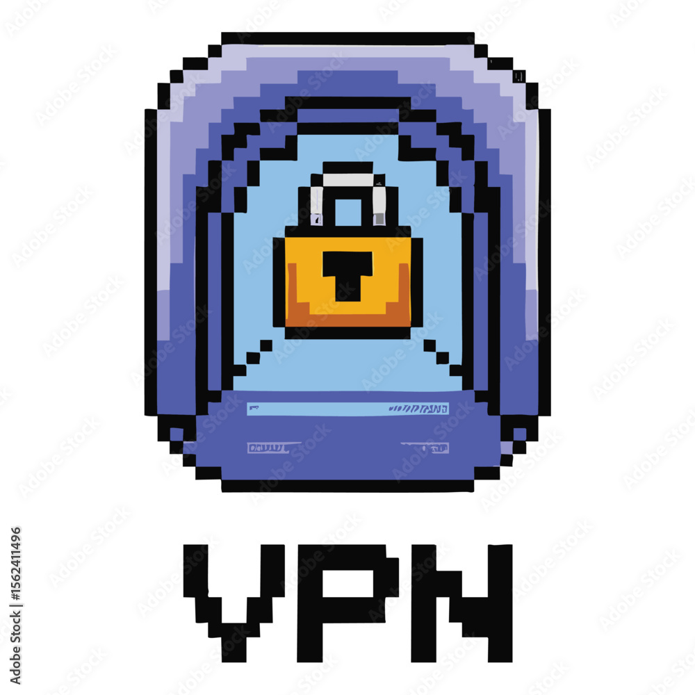 Poster pixel art vpn icon with a padlock and text for online security