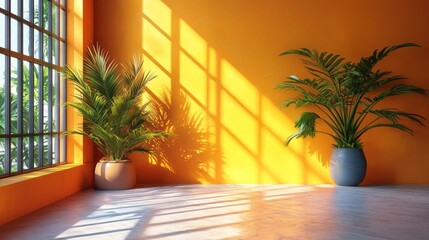 Sunny room, plants, window, shadows, interior design