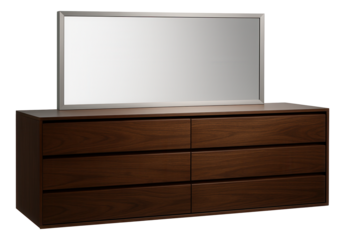 A wide, low-profile dresser with six drawers and a mirror, designed for a master bedroom.